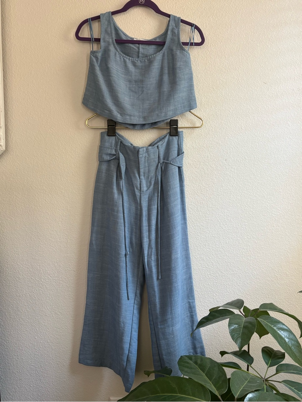 Crescent Sky-Blue Cord Set Wide-Leg High-Waist Pants w/ Tie & Cropped top